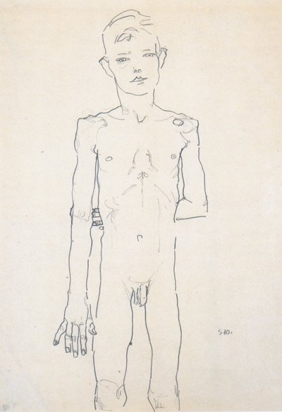 一个站立的男孩的行为 作者 Egon Schiele